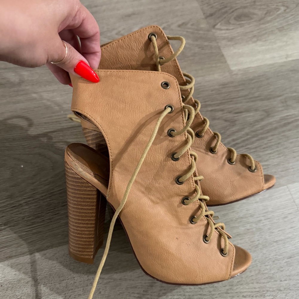 Tan Lace-Up Heeled Sandals